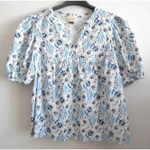 Blue Floral Cotton Linen Top Universal Thread Linen Puff Sleeve Boho Blouse